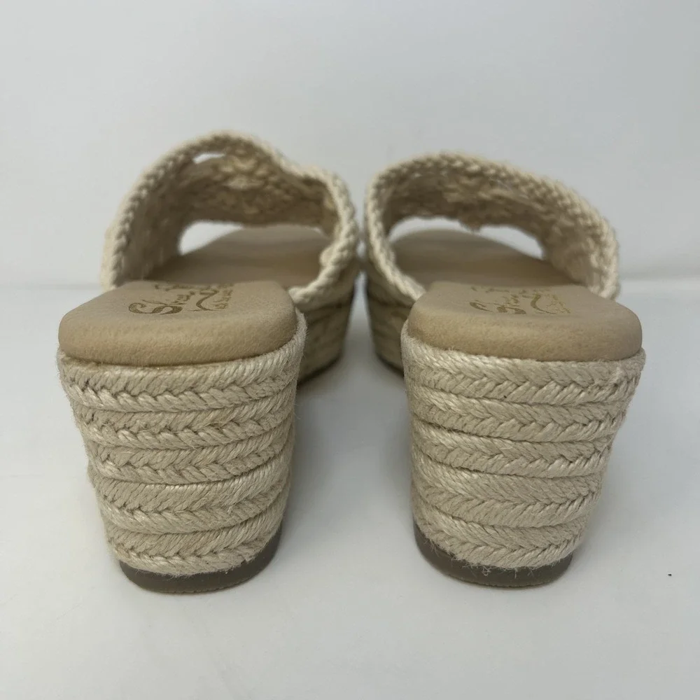 Sbicca Eureka‎ Macrame Wedge Sandals Beige Natural Boho Espadrille Slide Size 9